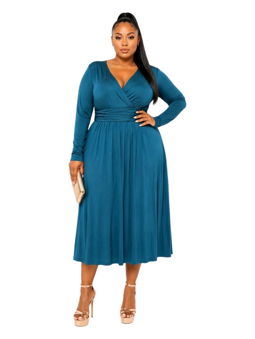 Women's Long Sleeve Wrap V-Neck Midi Dress – Teal Blue, XL.